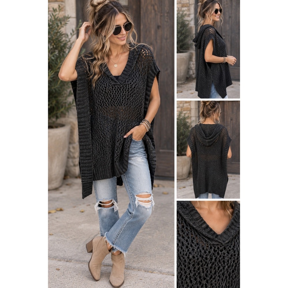 Hem & Thread Charcoal Grey Open Knit Hooded Sweater Vest Poncho M/L 13052